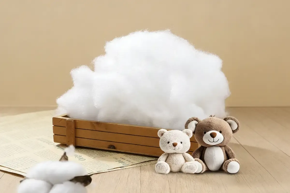 Different types of cotton doll stuffing materials including PP cotton, pearl cotton, down cotton, and eco-friendly fibers